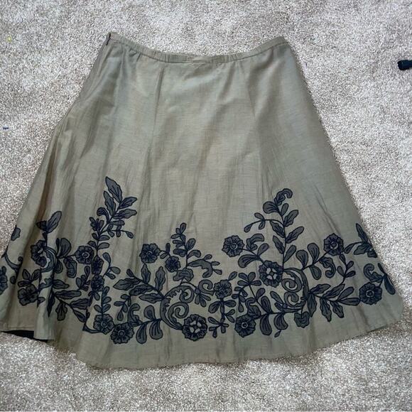 Chico's midi skirt linen silk cotton blend brown embroidered pleated lined SZ 3 - Picture 8 of 11